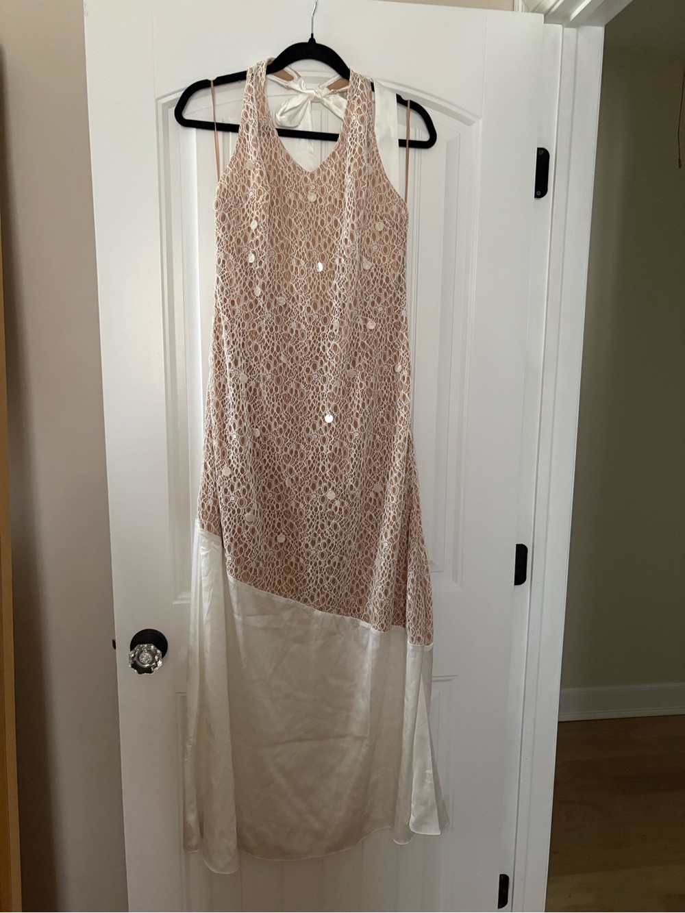 12th Tribe Beige Lace Overlay Maxi Dress with Cream Satin Hem